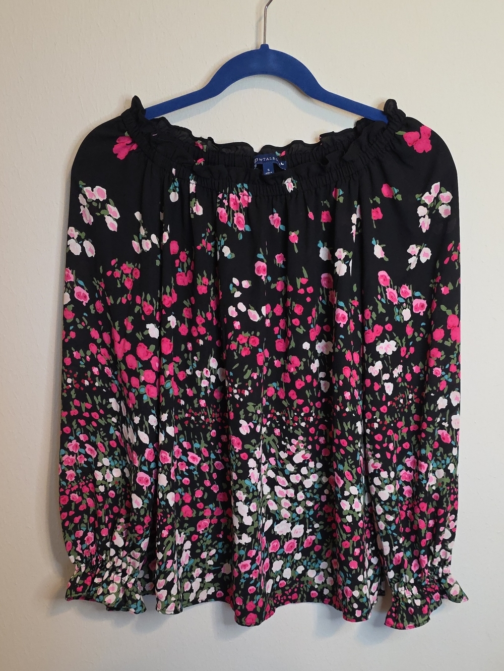 Talbots Black Blouse with Pink and White Floral Print